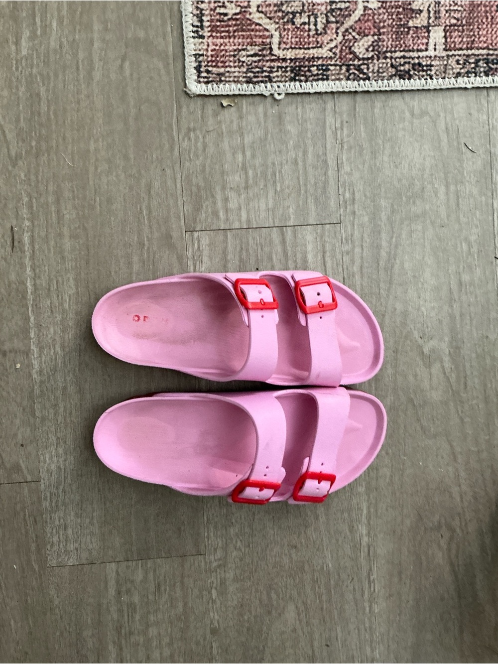 Boden Pink Slide Sandals with Red Buckles